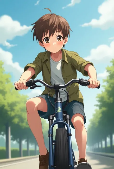 16-year-old boy who is hanging on the back and the cycles are being run High Resolution, UHD, Brown Hair, Closed Mouth, Smile, Simple background, Depth Of Field, Anime Style, 