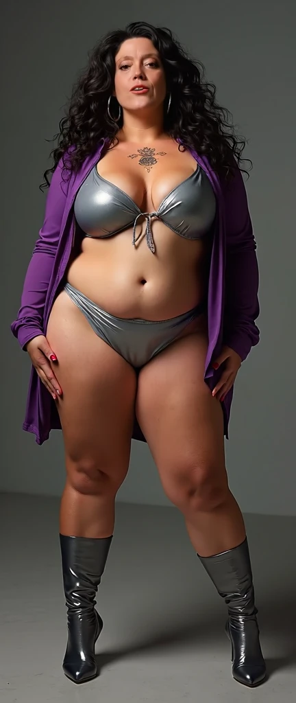 Create this character as a hot moans Hourglass shape figure fat thighs woman around 40+ aged ,heavy curly hair,big heavy size clavage,wearing a satin Silver bikini with big clavage purple latex shirt and silver long socks, big hips size,wet chest & body,bi...