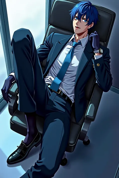 male、1 person、Very cool,  like the worst 、 Hes smiling , he wears a blue tie  、 A picture surrounding the back of the leather shoes and the crotch of the suit  、  can see the back of the black stockings , slightly sharp 、  like the worst ,The suit fits per...