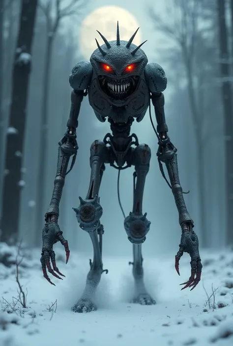 Create an image of a terrifying hybrid creature called the "Mech-Wendigo," which combines the eerie essence of a wendigo with the cold, metallic features of a robotic entity. The Mech-Wendigo has a tall, slender frame constructed from a blend of dark, rust...