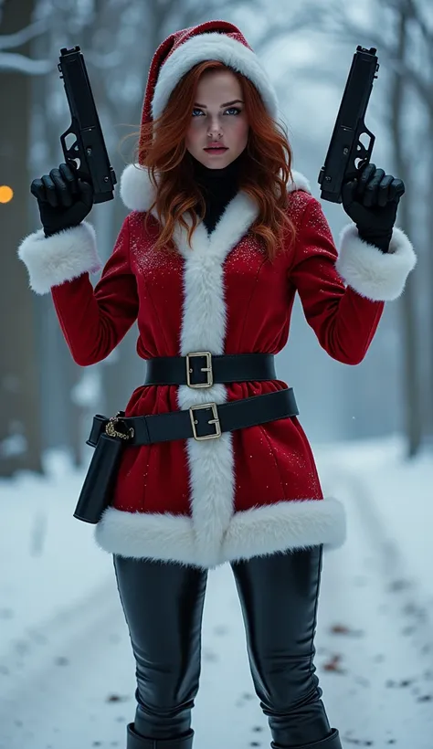 Superhero Marvel Black Widow wearing Santas suit, 2 Handles 2 Guns , evening scene with snow 
