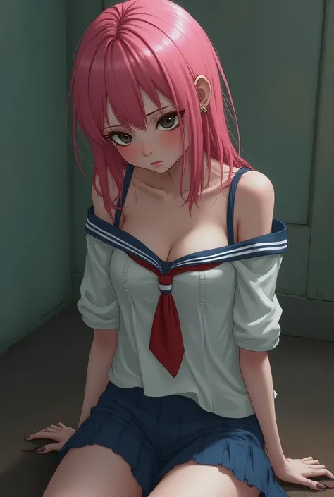 Breast flash、 pink hair、 sailor suit、Loose clothing、 the shoulder straps on the bra can be seen 、 girl sitting、 slender、Larger breasts、movie、4K、 dynamic 、Dead Eyes、unmotivated appearance、 sad vibes 、 1 girl、Best Quality、masterpiece、 character、Movement illu...