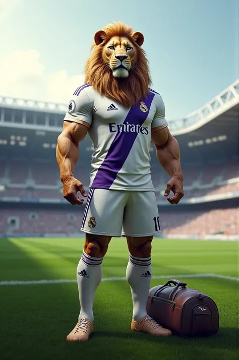 An athletic lion in a realmadride football uniform with a sports bag stands at Santiago Bernobeus pussoccer-pitch 