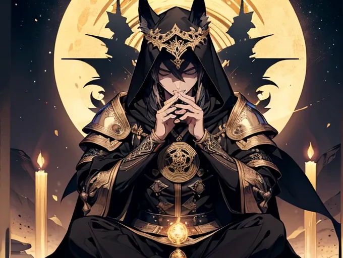 High quality, masterpiece, best detail, man in black armor with golden runes, wolf ears on black hood with golden runes, black mask with golden runes, moon overhead, meditating in lotus position, using destroying magic of the foundation of the universe