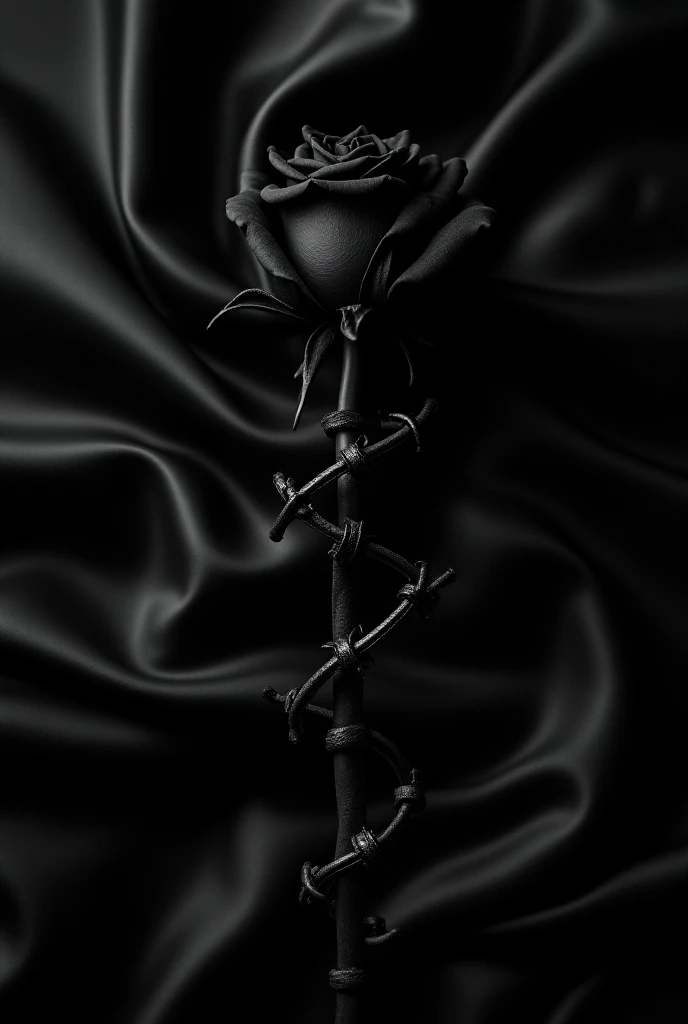  A black rose with long stem in the middle, laying on black silky fabric, shiny black barbed wire entangling the rose stem wide