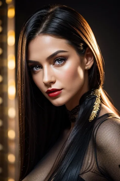 (Hyperrealism 1;2), slim women. with long black hair. curly hair.  Zopf krotes kristallhaargummi. Red lips. big lips,  Small nose, straight hair, feline features, fair skin, very detailed fingers, beauty red nails,  Ultra high definition, 8k, perfect eyes,...