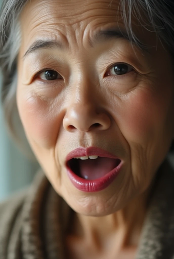  closeup picture of an Asian woman in her 70s mouth。  Pink Lip Gloss  。She was surprised。  with her eyes closed 。I stick my tongue down 、 and opened my mouth wide。Bright room。