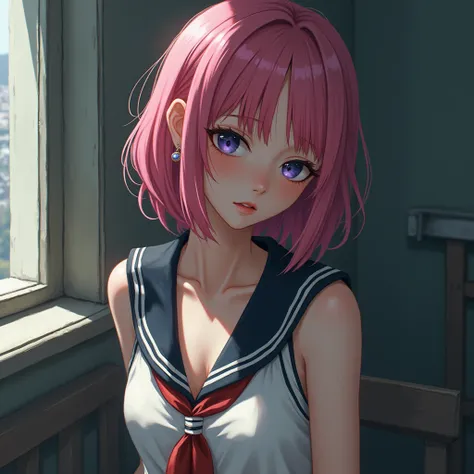 Breast flash、 pink hair、 sailor suit、Loose clothing、 the shoulder straps on the bra can be seen 、 girl sitting、 slender、Larger breasts、movie、4K、 dynamic 、Dead Eyes、unmotivated appearance、 sad vibes 、 1 girl、Best Quality、masterpiece、 character、Movement illu...