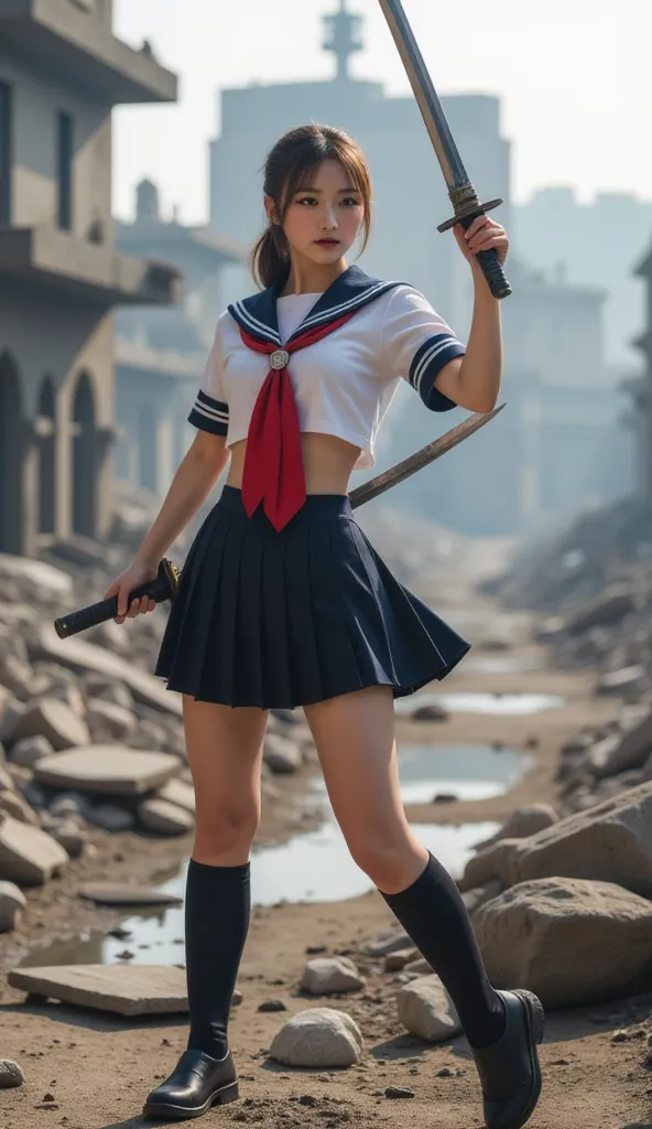  A beautiful Japanese woman waves a Japanese sword, Female Soldier, Japan's perfect high school sailor uniform,  perfect anatomy:1.21,  has a small head:1.331, Slender body:1.331,  thin waist:1.331,  ruined city, Tokyo turned into a battlefield , Expression of absolute beauty , Perfect composition, Proper placement, Golden Ratio, 
