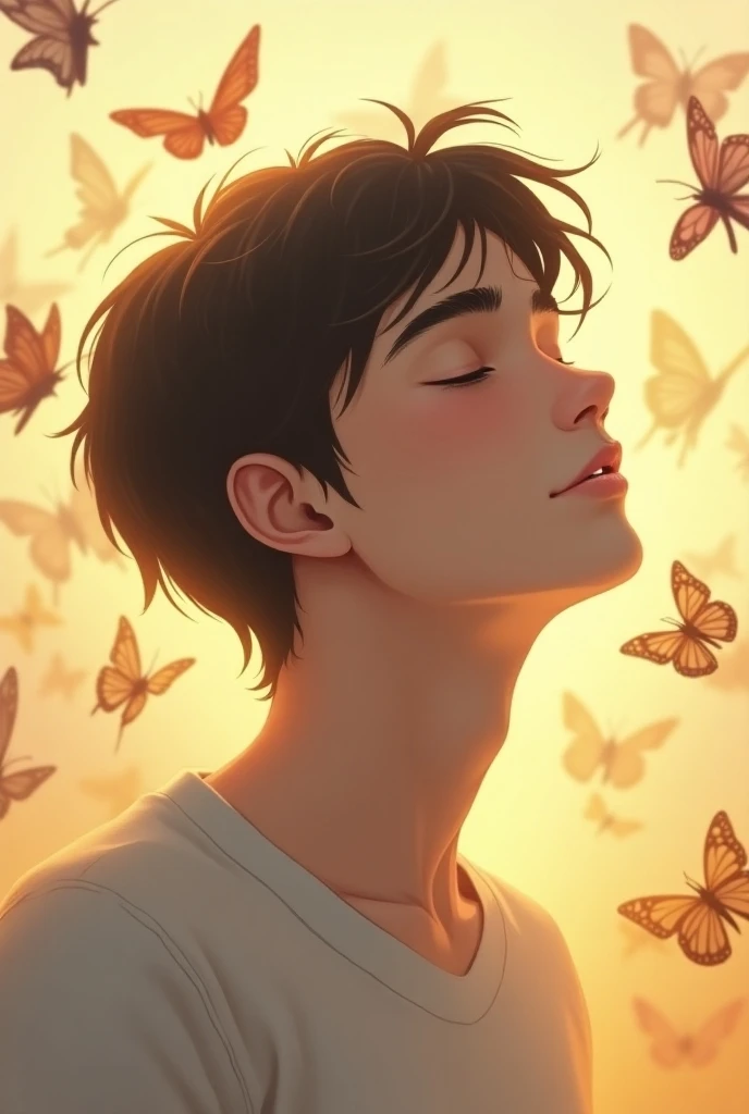 Visuals:
A young man with short, windswept hair, his head tilted back slightly, eyes closed in a peaceful expression.
His face is turned to the side, showcasing a strong jawline and a hint of a smile.
Butterflies surround him, some resting on his hair or s...