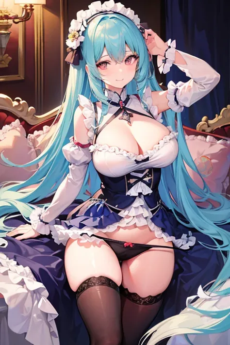 8k、Best Quality 、Maximum clarity 、 very detailed、Beautiful art、 very detailed、 Biologically Correct Body 、 gentle smile touching your head、Maternal、 erotic face looking up at me、Transparent skin 、Skin-tight underwear、 very big breasts、(In underwear)、((( La...