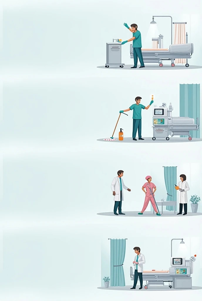 Generate an image which shows four steps in the following order :
1st step: a janitor cleaning walls of a hospital
2nd step : a nurse is wearing a cleaning gown over the pinkish-peachy scrub and she is wearing golves and a surgeons cap and is holding a bot...