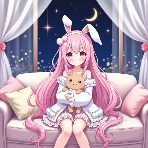 1girl, animal ears, moon, solo, long hair, looking at viewer, rabbit ears, hair ornament, star (symbol), sleeves past wrists, pink eyes, sky, ahoge, star (sky), stuffed rabbit, rabbit, long sleeves, full moon, pink hair, night, stuffed toy, jacket, holding...