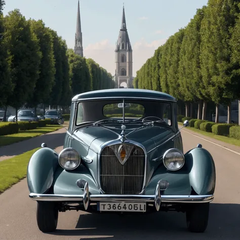 Créez une image dune voiture de collection personnalisée des années 1960-1970, avec une carrosserie marron chrome métallisé chrome métallisée, des finitions chromées, des phares ronds, une calandre verticale, et des roues larges chromées. La voiture doit ê...