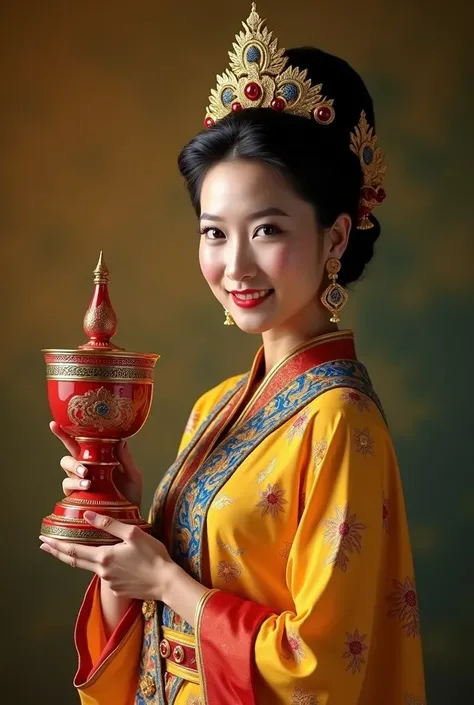 Miss Myanmar beauty pageant poster,A princess holding a red dedicated lacquered alms bowl ;The top cover has a pointed ball shape and the bottom has a slotted club ,with her hand, Bagan royal princess style , wearing Myanmar traditional dress ,beauty,(best...