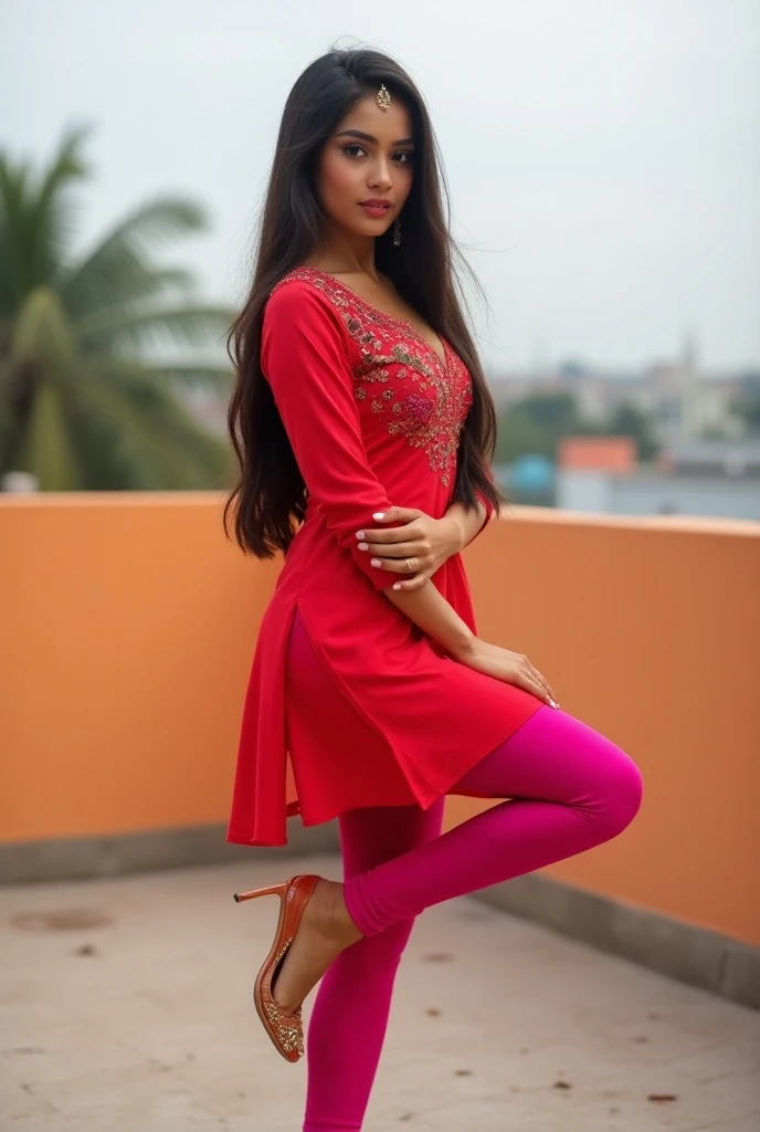 Girl in churidar Indian kurti tight legging hot knee length kurti short open leg pose colour full image from head to leg both side cut kurti tight legging hot on roof  one leg up pose red kurti pink legging
