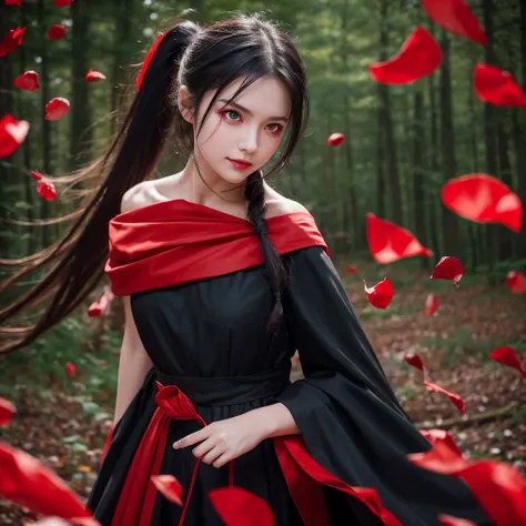 cowboy shot, 1girl, smirk, red eyes, beautiful eyes, glowing eyes, black hair, messy hair, ponytail with red ribbons, black sundress, red cloak, (wind), floating rose petals, spooky forest background, at night, darkness, bokeh, masterpiece, best quality, v...