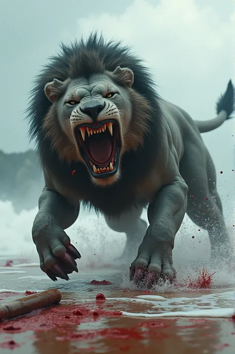 Make me a hybrid of a shark and a lion being bloodied on the beach