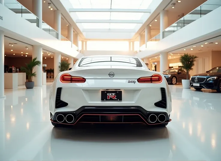 A photo of a luxurious white showroom with a 2025 Nissan GT-R in the center. The car has a white vibrant exterior, a sleek, aerodynamic design, and bold accents. The back view highlights the cutting-edge innovation and technology of its time. add from the ...