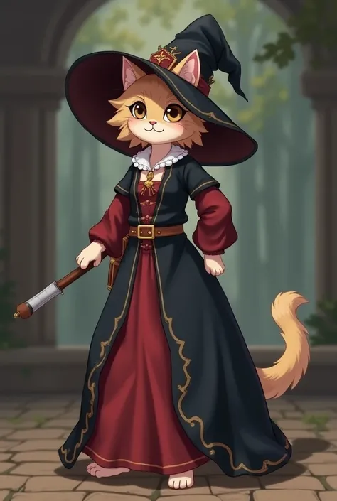 An anthropomorphic cat the same size as an 18-year-old human wearing a 2D anime-style sorceress dress and hat