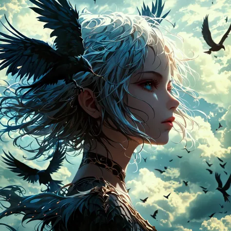  Aarakoca,  character of half girl, half bird , Flying in the sky,  very fine face and eyes ,  sophisticated hair information, Complex demon design , Dark Fantasy , Lighting that drama , Moody color ,  film composition ,  Photorealistic , 8k,  measurements...