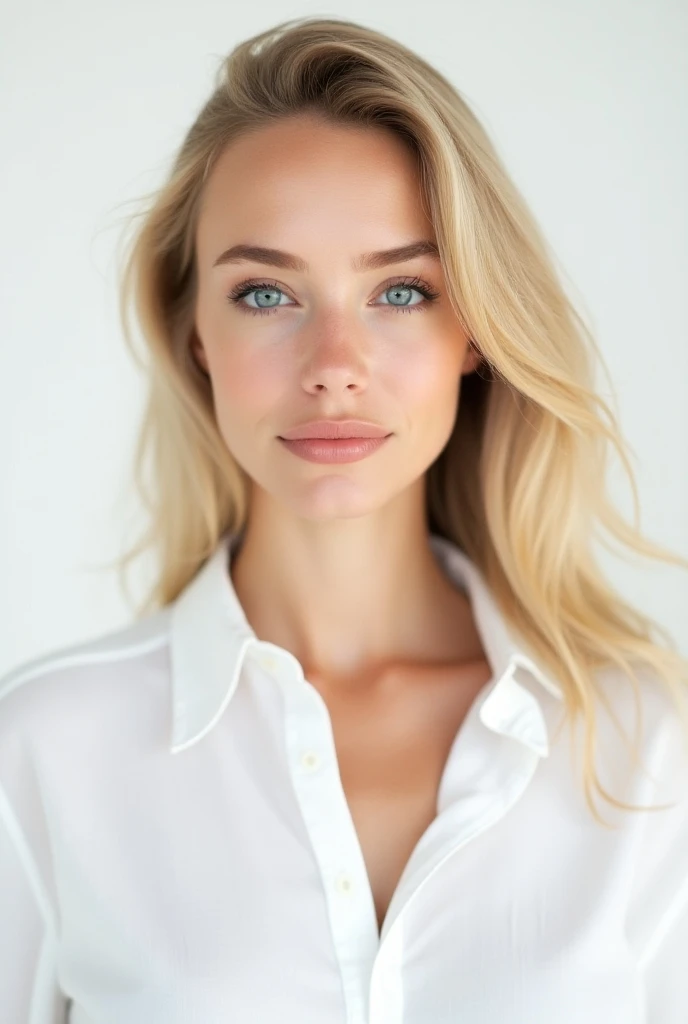 White model in plain white shirt