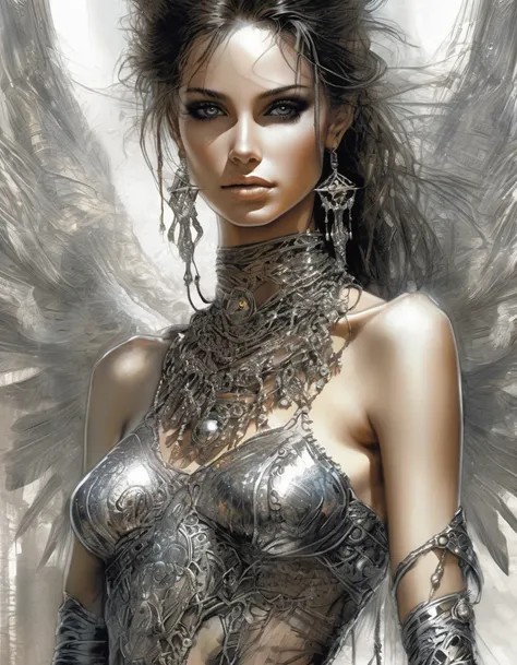 woman, nude, with perfect eyes black color and perfect legs and perfect hands and perfect fingers and white skin and high definition and future dress, ilustraciones de luis royo style rendered in a vibrant and detailed manner