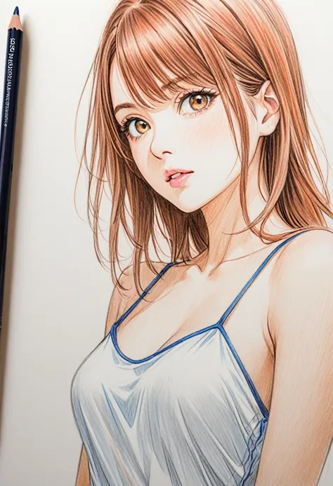  female，short camisole，white，Art，ad，colour pencil drawing，draft drawing，illustration