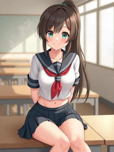 masterpiece, best quality, very aesthetic, Detailed CG illustration, 1girl, JK, detailed green eyes, tareme, half opened mouth, smile, dark brown hair, silky hair, hair pulled back:, ponytail, contrapposto, sitting on the desk, hands behind back, navel, Ca...