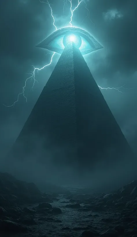  The symbol of the pyramid rising in the dark and the eye at its apex。 The pyramid is an ancient stone structure with 、Eyes shine brightly 、 a mysterious atmosphere surrounded by darkness 。Lightning runs in the background 、 mysterious light effects 。