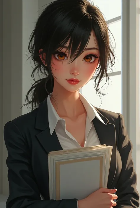 She wear a casual office outfit. Her eye is sharp like a siren eye shape with pair of amber eyed colour. Her nose is sharp with her lips shape like bow lips. Her hairstyle consist of messy bang that slightly covered her eyes with low ponytail. She bring ma...