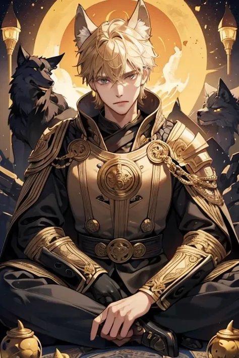 High quality, masterpiece, best detail, man in black armor with golden runes, wolf ears on black helmet with golden runes, moon overhead, meditating in lotus position, using destructive magic of the foundation of the universe