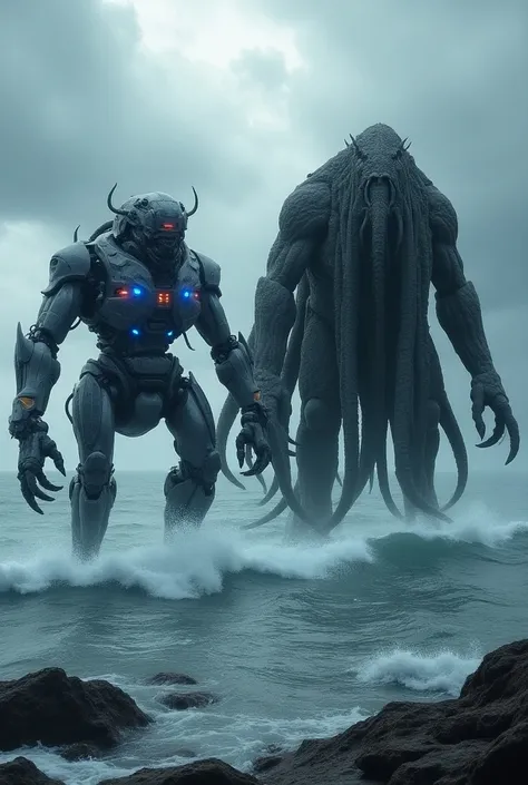 Create an image featuring a mechanical kraken and a traditional kraken side by side, highlighting their unique characteristics while emphasizing their shared properties.

On the left, depict a colossal Mech-Kraken with its sleek, metallic body and articula...