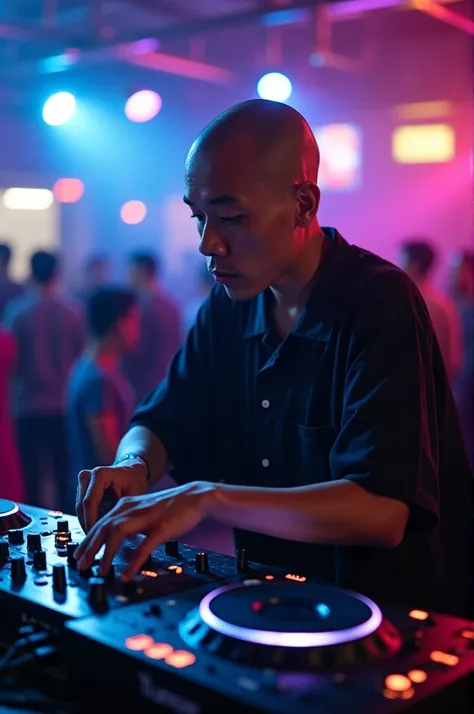 A DJ house Indonesian guy with thin bald hair and black eyes is playing his DJ instrument in a club 