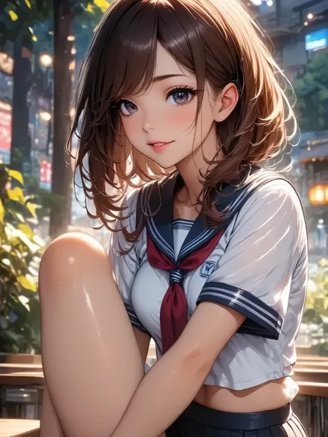 masterpiece, best quality, very aesthetic, Detailed CG illustration, 1girl, JK, detailed green eyes, tareme, half opened mouth, smile, dark brown hair, silky hair, hair pulled back:, ponytail, contrapposto, sitting on the desk, hands behind back, navel, Ca...