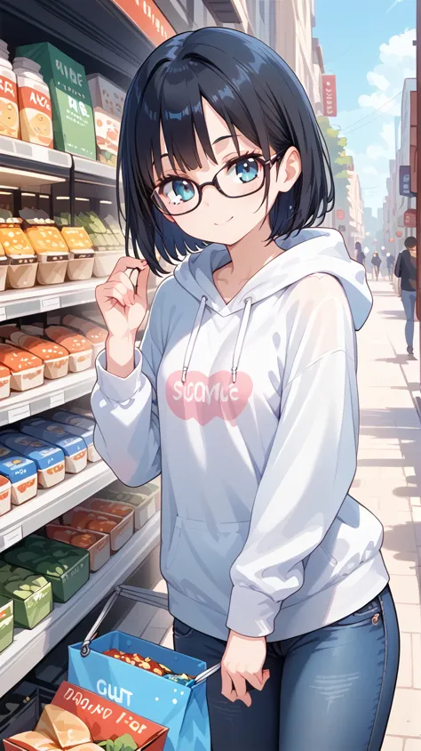 black hair,glasses, hoodie,jeans,shopping,  hi-res, 最高quality, accurate, 高quality, quality,    very detailed,