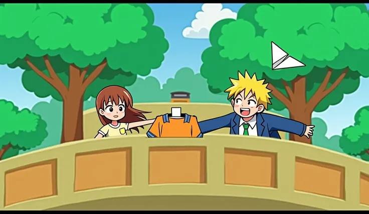 A girl grabbing a shirt and a boy throwing a paper airplane on the balcony of the second floor of the school, 3d chibi animation style