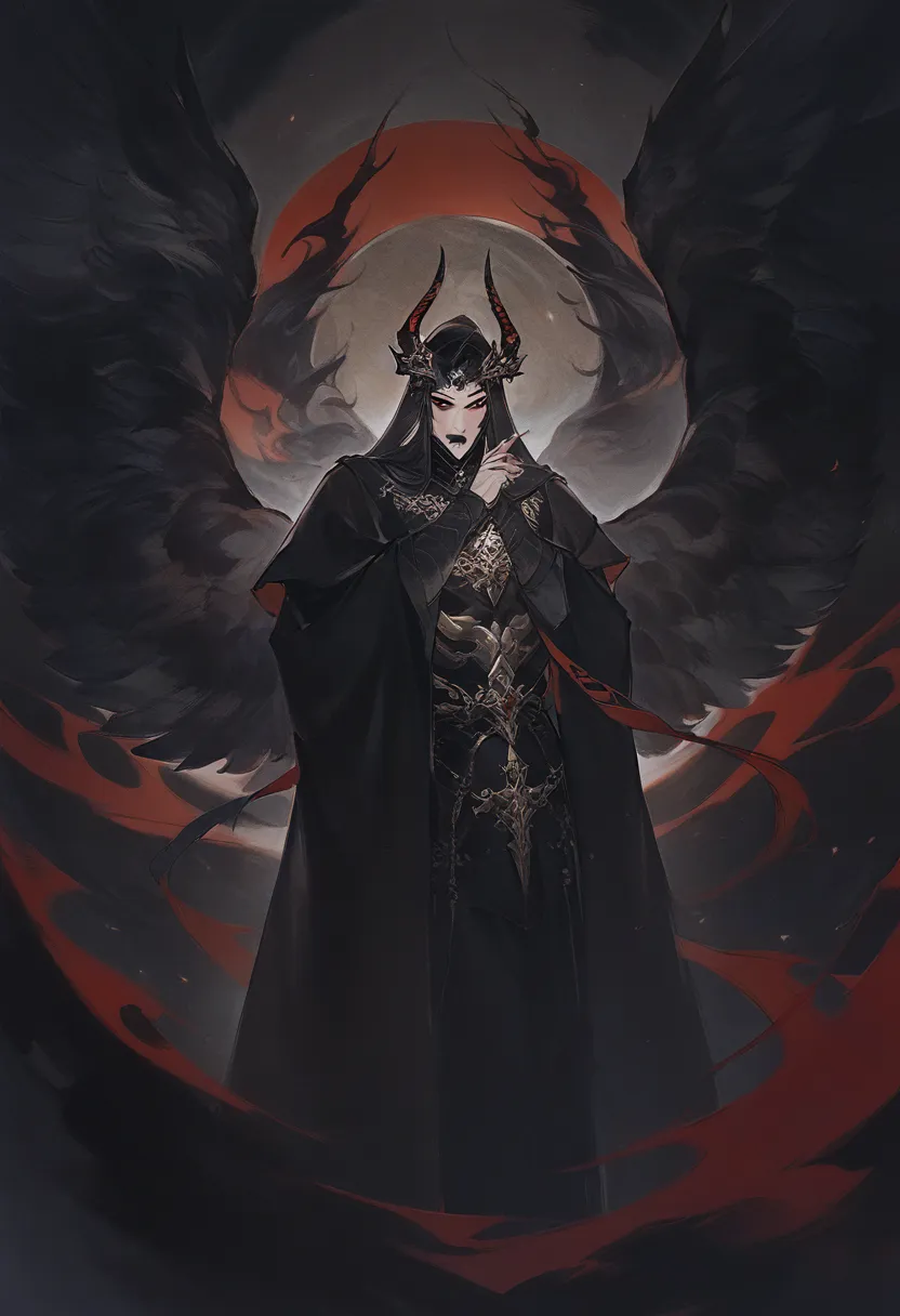 black winged angel, wearing a black mask, long black hair, wearing a long-sleeve shirt, having black side horns, red eyes, dark ...