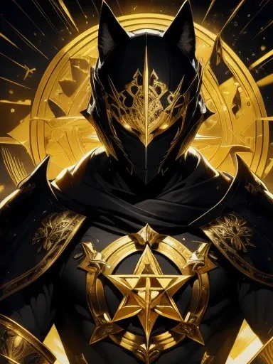 High quality, masterpiece, best detail, man in black armor with golden runes, wolf ears on black helmet with golden runes, moon overhead, meditating in lotus position, using destructive magic of the foundation of the universe