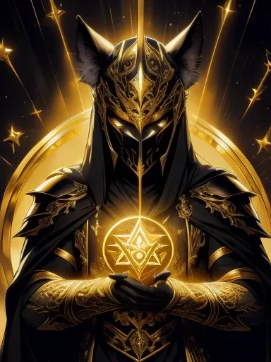 High quality, masterpiece, best detail, man in black armor with golden runes, wolf ears on black helmet with golden runes, moon overhead, meditating in lotus position, using destructive magic of the foundation of the universe