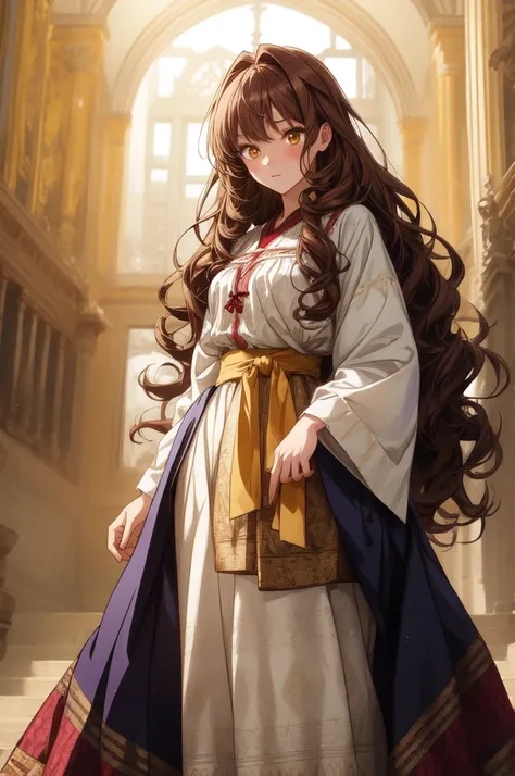 Full-length girl, Slavic folk clothes with patterns,  anime style, long curly brown hair, golden eyes