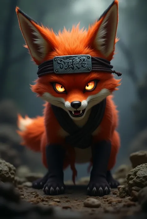 A very angry red eyed fox pup with a konoha headband and ninja vest.