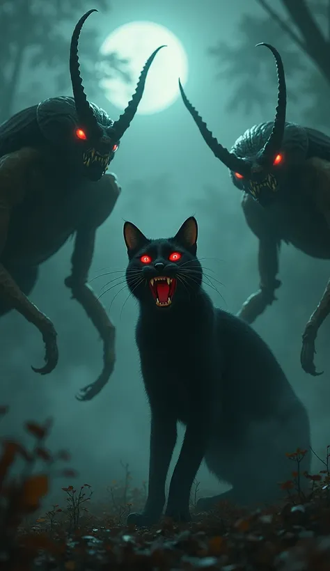  A black cat with red flaming eyes and sharp fangs ,  standing under the dimly lit light of the moon . Beside him,  giant cicadas with dark-colored skin and eyes bright green glow,  sprawled against the wall with a terrifying expression .  Both look like s...