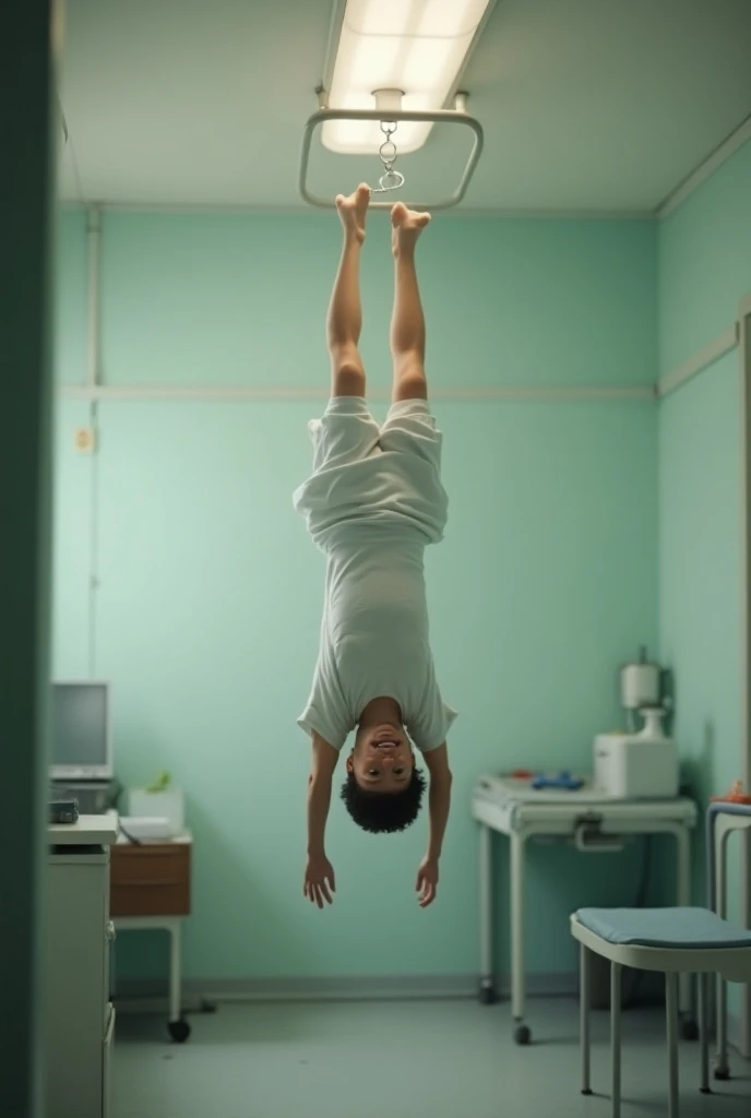 

Inside a simple mental hospital room with soft lighting, a playful young male patient, dressed in a plain white hospital gown, is hanging upside down from a light fixture on the ceiling. He has a joyful, goofy expression as he dangles freely, as if proud...