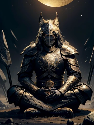 High quality, masterpiece, best detail, man in black armor with golden runes, wolf ears on black helmet with golden runes, moon overhead, meditating in lotus position, using destructive magic of the foundation of the universe