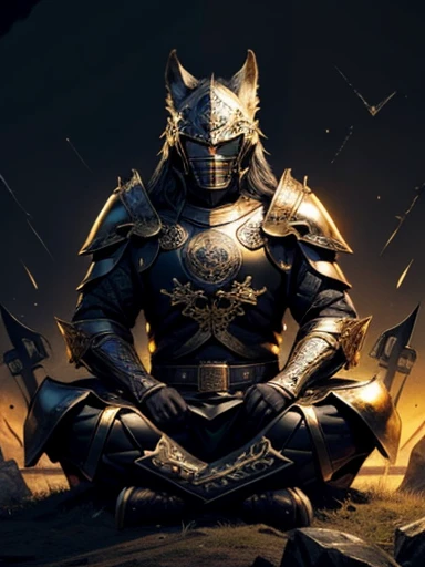 High quality, masterpiece, best detail, man in black armor with golden runes, wolf ears on black helmet with golden runes, moon overhead, meditating in lotus position, using destructive magic of the foundation of the universe