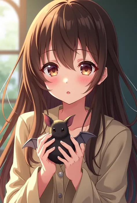 Anime woman with long brown hair with a cute bat in her hands