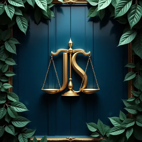 a professional logo, a blue glass wall backdrop, js monogram, golden scales symbol, law firm slogan, detailed foliage, 3d render, photorealistic, intricate design, high quality, realistic, cinematic lighting, luxurious, elegant, minimalist, symmetry, high ...