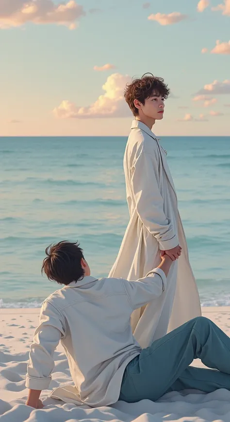 Title:* "Sunset on the beach:  Jimin and Jungkook "

* characters:*

- Jimin :
 - Loose white suit ,  clothing with long sleeves and loose pants
- Curly and disheveled ,  with some loose locks on his forehead
- Brown eyes ,  with a tender, smiling expressi...