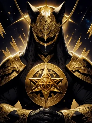 High quality, masterpiece, best detail, man in black armor with golden runes, wolf ears on black helmet with golden runes, moon overhead, meditating in lotus position, using destructive magic of the foundation of the universe